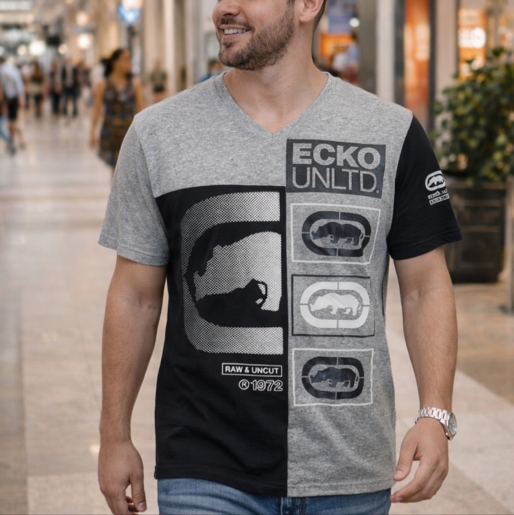 Ecko Unltd‎ Black Gray Graphic V Neck Tee Shirt NWT Small
